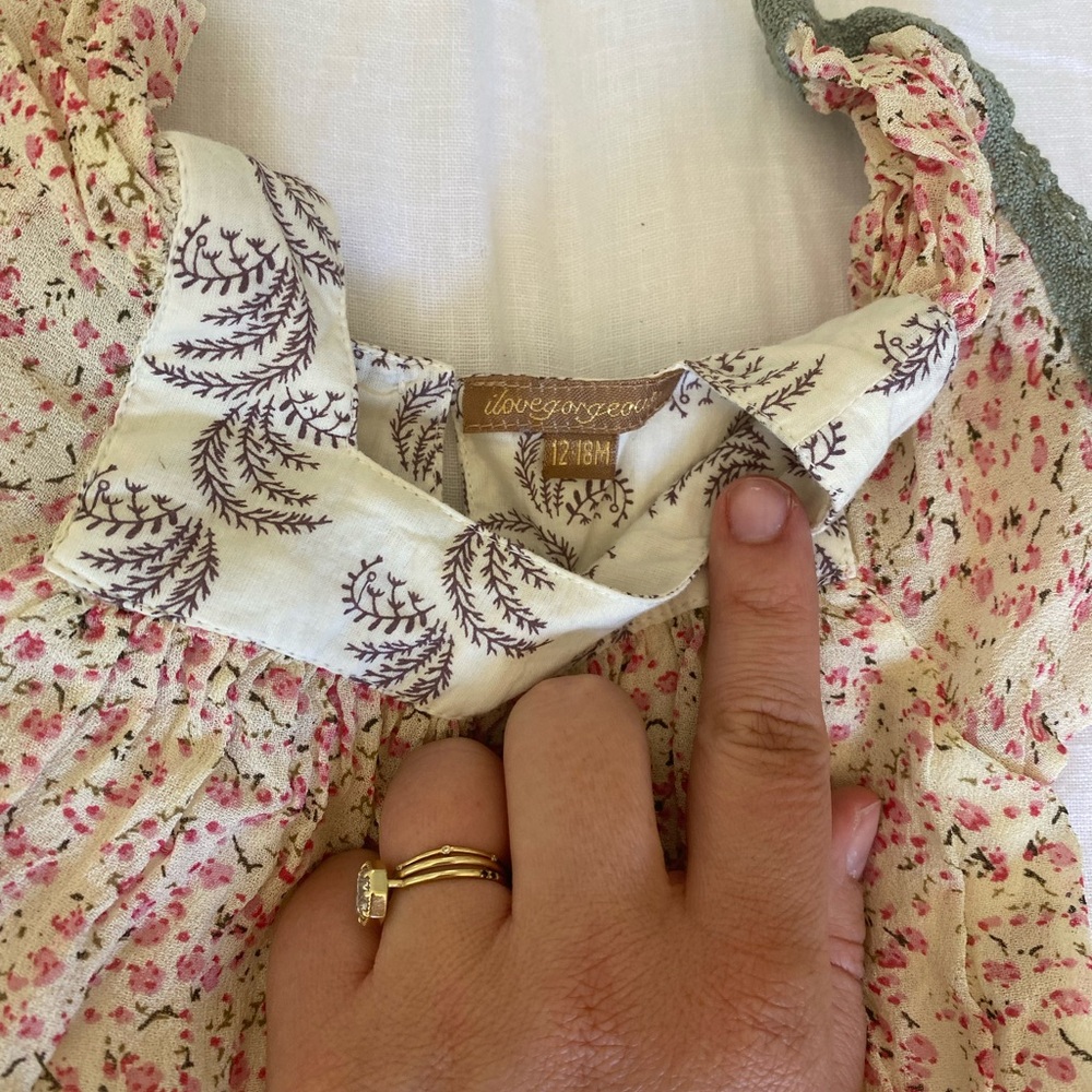 I Love Gorgeous Cream Dress with Pink Floral Print and Olive Trim - Picture 2 of 3